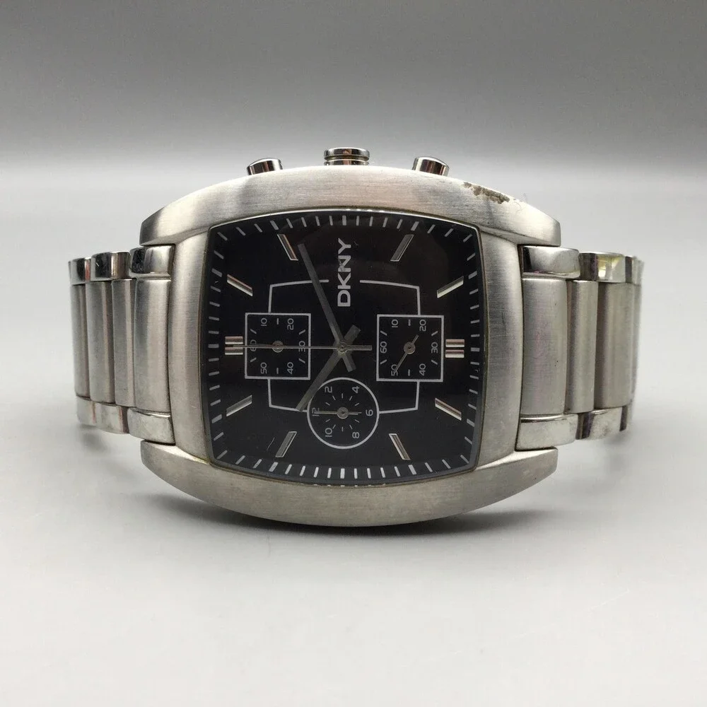 DKNY Mens Watch 38mm Black Dial Stainless Chronograph NY1234 New Battery 7.75